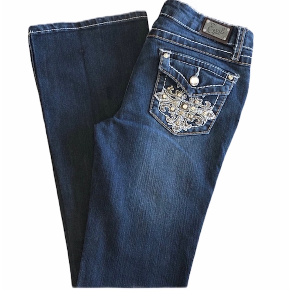 Earl Jeans Bootcut Dark Wash Size 1 Bejeweled Thick Stitch Y2K Denim EUC